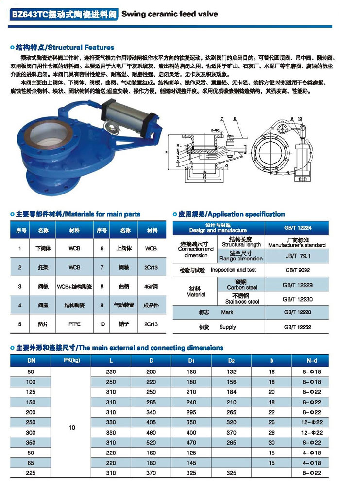 擺動式陶瓷進料閥規(guī)格型號BZ643TC結(jié)構(gòu)圖1